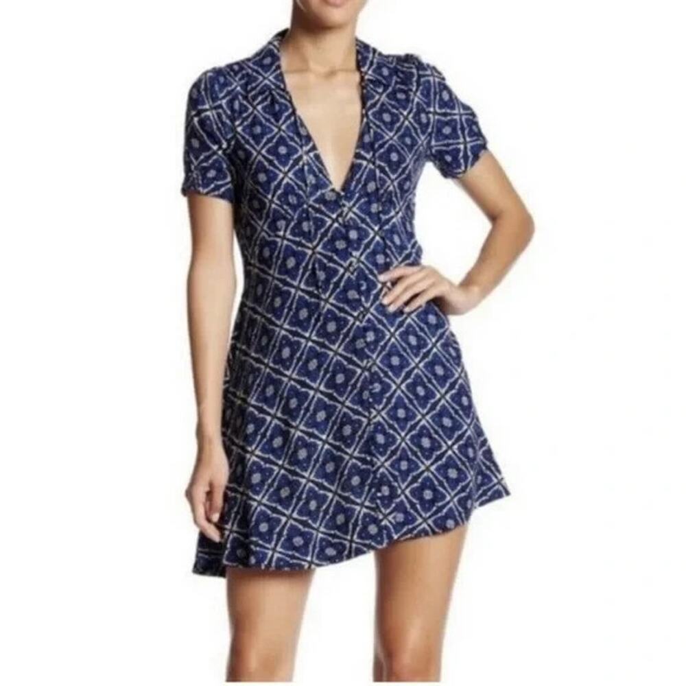 Free People Melody Mosaic Blue White Mini Dress Medium